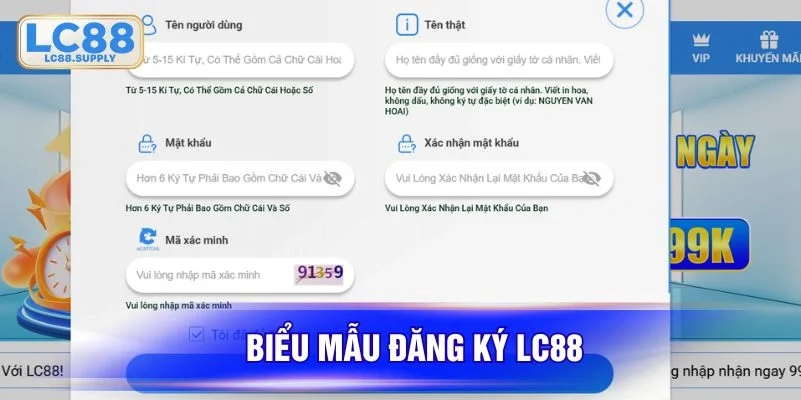 Form tạo khoản hợp lệ